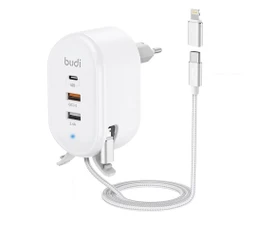 شارژر دیواری 30 وات بودی مدل Budi M8J312TE با خروجی USB و USB-C و کابل  تبدیل  USB-C به microUSB/لایتنینگ به با گارانتی ۱۸ ماهه شرکتی (۶ ماه تعویض)