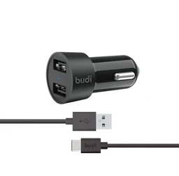 شارژر فندکی 24 وات بودی مدل Budi M8J622TB با 2 خروجی USB به همراه کابل USB به USB-C با گارانتی ۱۸ ماهه شرکتی (۶ ماه تعویض)