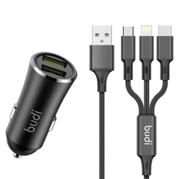 شارژر فندکی 12 وات بودی مدل Budi CC627T3B با 2 خروجی USB به همراه کابل USB-C با گارانتی ۱۸ ماهه شرکتی (۶ ماه تعویض)