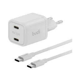 شارژر دیواری 33 وات بودی مدل Budi AC016RETTW با خروجی USB-C به همراه کابل USB-C به USB-C با گارانتی ۱۸ ماهه شرکتی (۶ ماه تعویض)