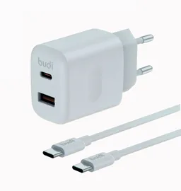شارژر دیواری 30 وات بودی مدل Budi AC306ETTW30 با خروجی USB و USB-C به همراه کابل USB-C به USB-C با گارانتی ۱۸ ماهه شرکتی (۶ ماه تعویض)