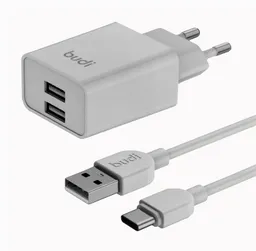 شارژر دیواری 12 وات بودی مدل Budi AC356ETW با خروجی USB به همراه کابل USB به USB-C با گارانتی ۱۸ ماهه شرکتی (۶ ماه تعویض)